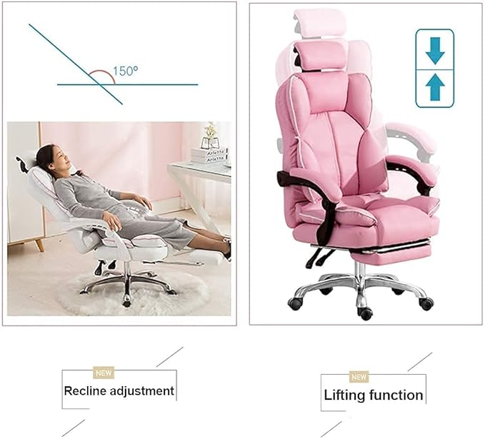 Katzowen Office Computer Chair Pink Gaming Chair for Girls Ergonomic Office Chair with Headrest Pu Leather Executive Chair Adjustable Reclining with Footrest Pink (Color : White)