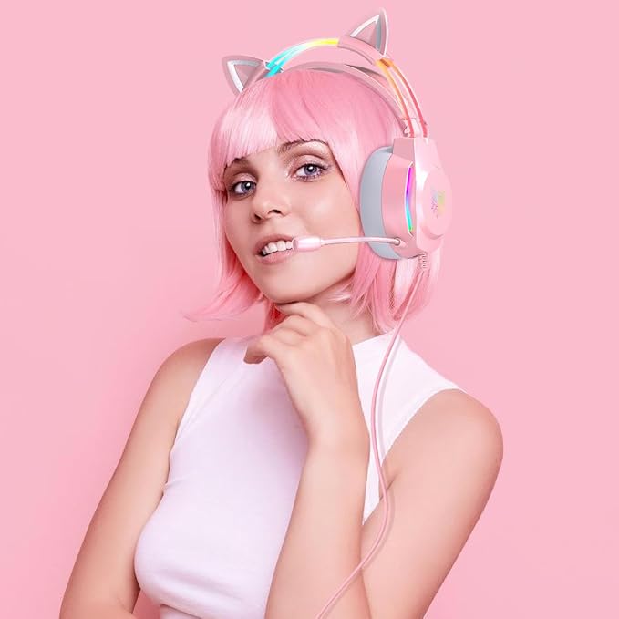 Gaming Headset with Microphone Cat Ear Headphones for PC Laptop PS4 PS5 Xbox Switch Rainbow RGB Lighting &amp Virtual Surround Sound 3.5mm Wired Over Ear Headphones Ergonomic