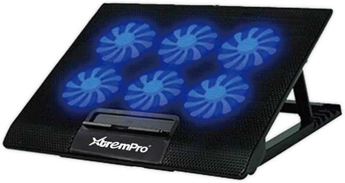 Portable Metal Mesh Laptop Cooler Cooling Pad 6 Quiet Fans w/Blue LED Light 6 Adjustable Levels Up to 17 Inch Notebook 2 USB Interface w/Speed Control Switch Non-Slip - Black (11149)