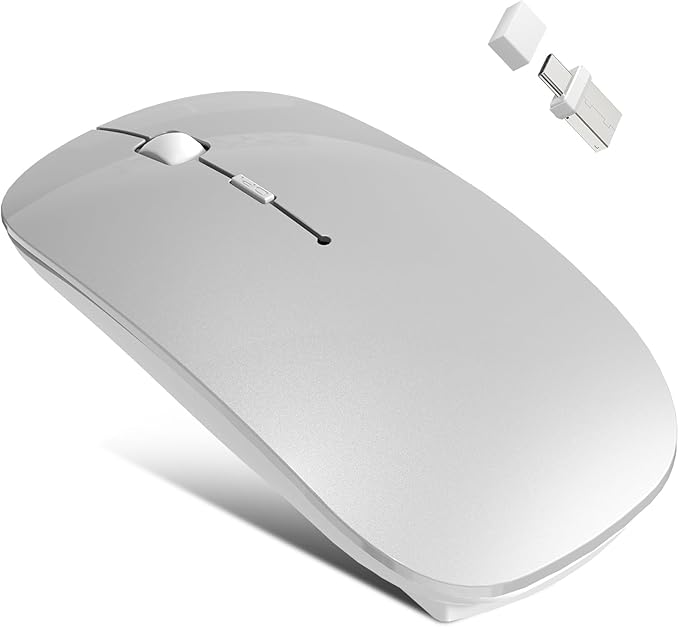 Bluetooth Wireless Mouse for MacBook Air Mac Pro iPad Laptop Computer Pad Optical Rechargeable Slim Silent Dual Mode (2.4G USB-C/USB-A&ampBluetooth 5.2/3.0) Mouse Jiggler for Computer Awakening - Sil