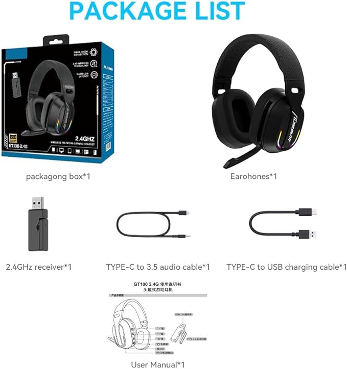 2.4GHz Wireless Gaming Headset for PC PS5 PS4 Switch - Bluetooth 5.4 20H Battery with ENC Noise Canceling Microphone Cool Lighting 40mm Driversfor Wired Mode Xbox Series -Black