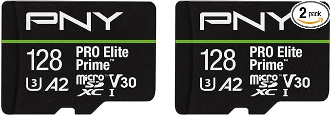 PNY 128GB PRO Elite Prime C10 U3 V30 A2 microSDXC Flash Memory Card – Ultra-Fast Speeds Read 200MB/s Write 150MB/s 4K UHD Full HD UHS-I for Smartphones Drones Action Cameras 2-Pack