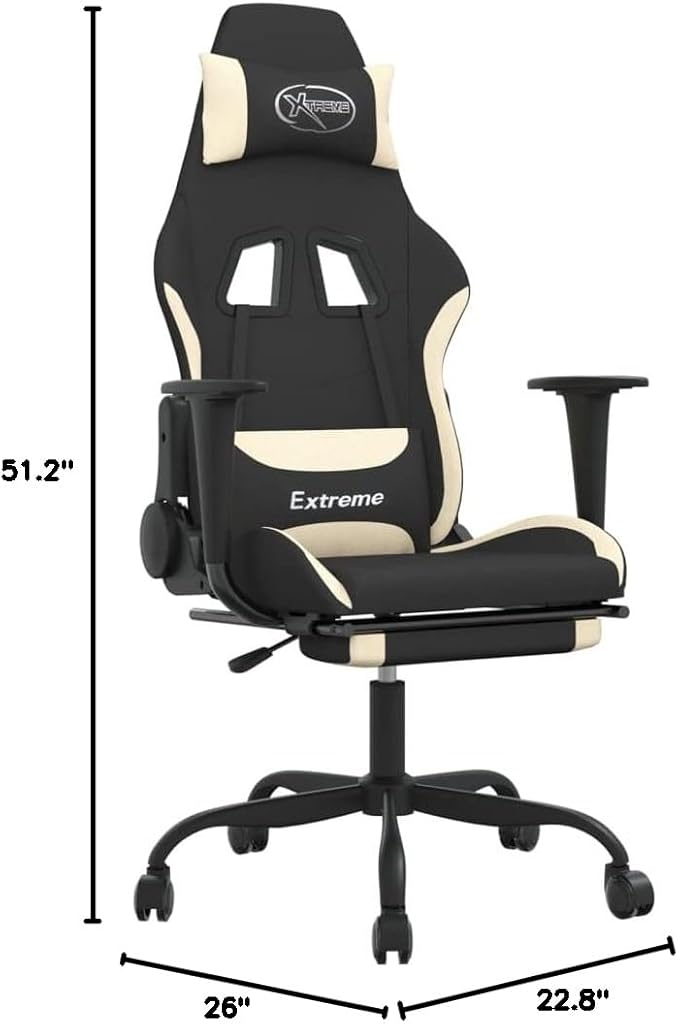 Massage Office Gaming Chair with Footrest Fabric Massage Office Chair Ergonomic Desk Chair Rolling Swivel Adjustable PC Computer Chair for Women Adults Girls(Black&ampCream) -AA