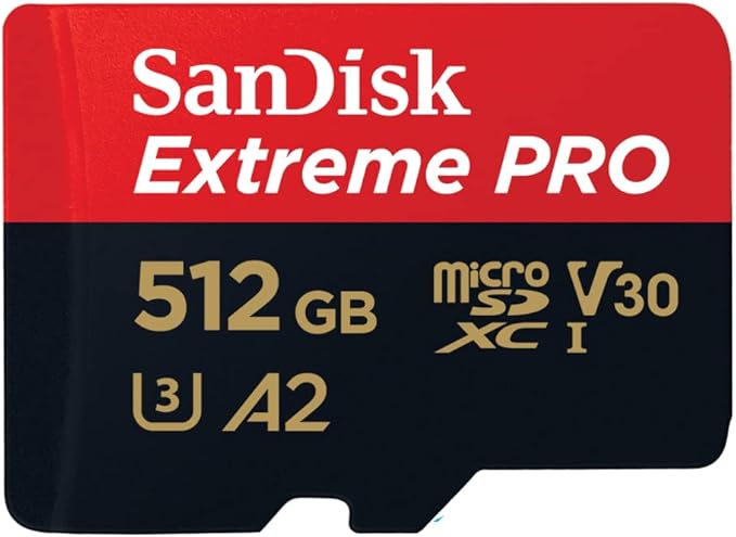 SanDisk Extreme PRO microSDXC UHS-I Memory Card 512 GB + Adapter &amp RescuePRO Deluxe (for Smartphones Action Cameras or Drones A2 Class 10 V30 U3 200 MB/s Transfer)