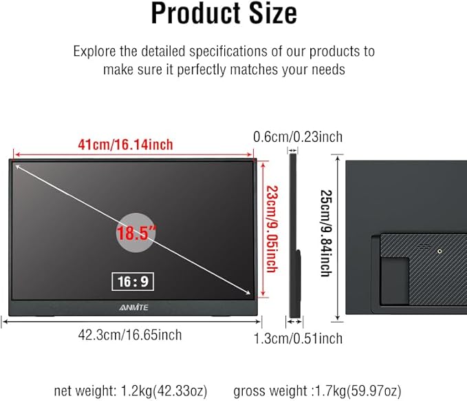Portable Monitor for Laptop 18.5 Inch 100HZ Computer Gaming Display Metal Enclosure Mobile Display External Display for Xbox PS4 Phone with Speakers Type-C USB-C HDMI IPS FHD 1080P LED Screen