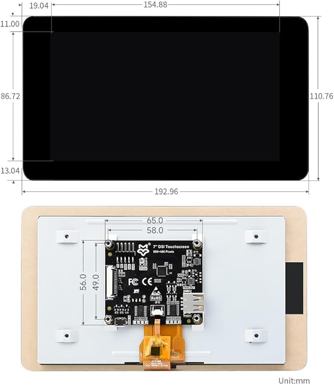Generic LUCKFOX Touchscreen7 inch DSI Display Support 3D Printing Compatible with Raspberry Pi 5/4/3 IPS Screen Capacitive LCD 800x480 170°Wide Viewing Angle Toughened Glass LCD Black