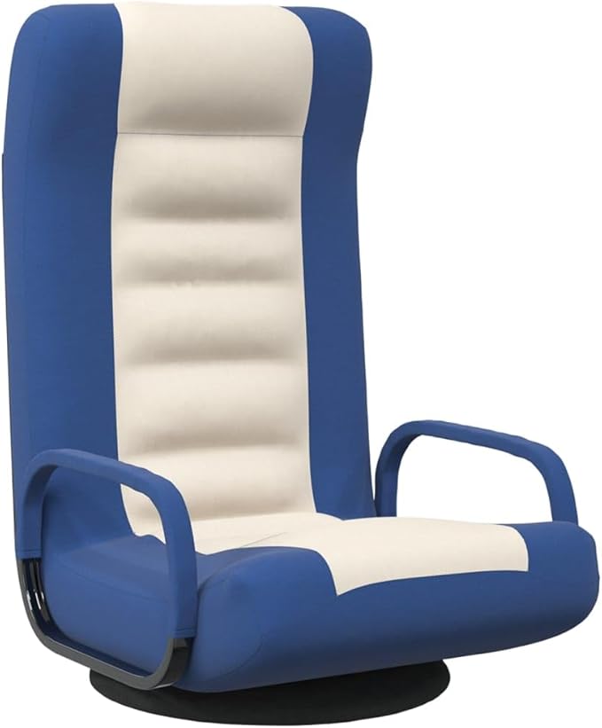 YAFF Foldable Gaming Floor Chair with Armrests 360° Swivel Adjustable Fabric Lounge Chair Comfortable Foam Padded Floor Seat for Adults Living Room Bedroom Easy Storage – Blue and Cream