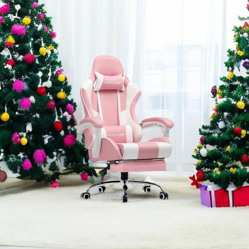 GTPLAYER Gaming Chair Computer Chair with Footrest and Lumbar Support Height Adjustable Game Chair with 360°-Swivel Seat and Headrest and for Office or Gaming (Faux Leather Pink)