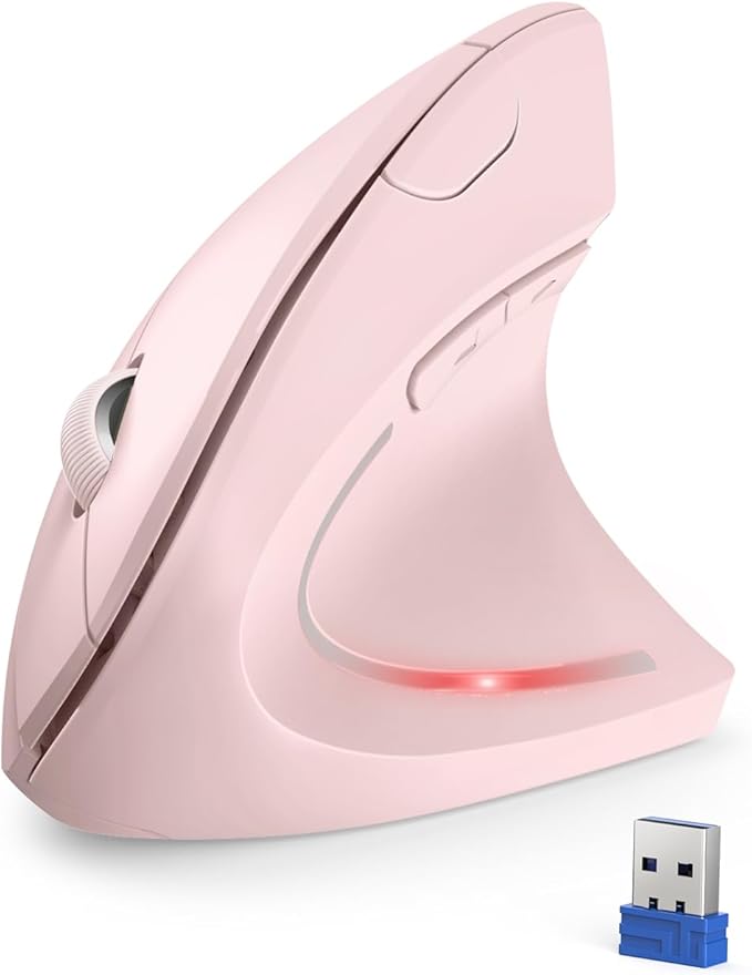 TECKNET Ergonomic Mouse 4800 DPI Wireless Vertical Mouse with 5 Adjustable DPI Levels 2.4GHz Optical Carpal Tunnel Mouse 6 Buttons for Laptop Desktop PC MacBook - Pink