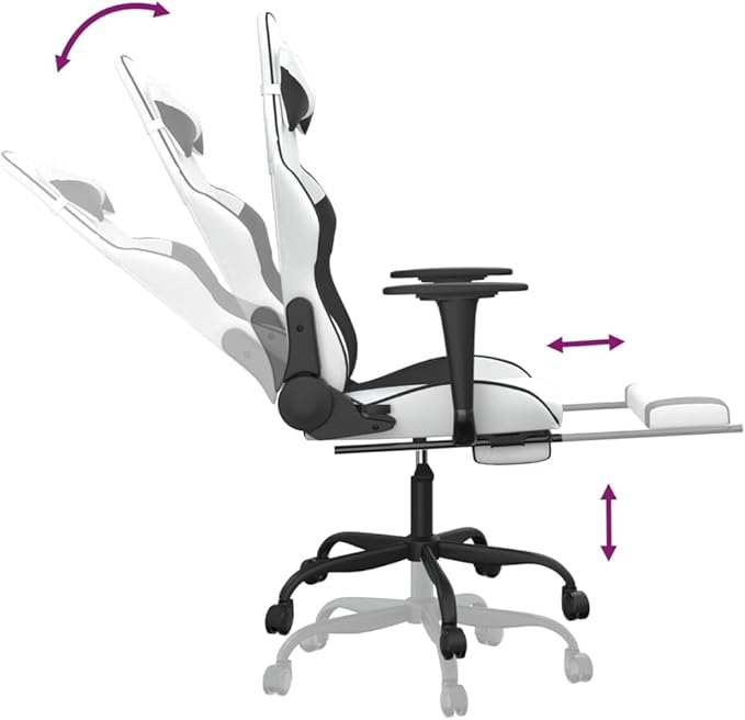 vidaXL Adjustable Gaming Chair with Footrest - Faux Leather Comfortable Seat Foam Filled Cushions Modern Stylish Design - Perfect for Gamers - White and Black.