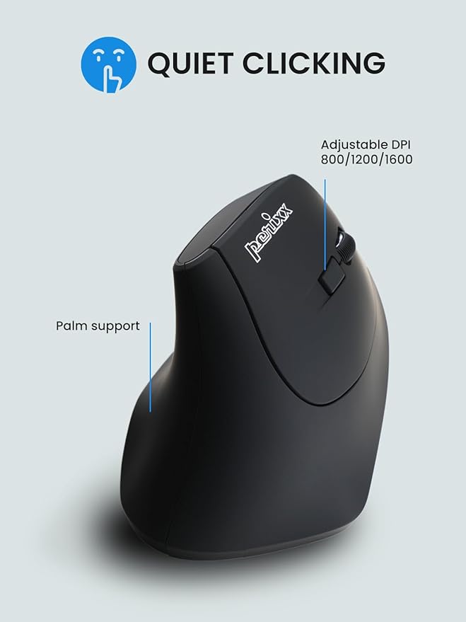 Perixx PERIMICE-715RX Wireless Rechargeable Vertical Mouse - Duo Wired and Wireless Charging Feature - Charger Included - Right-Handed - Black