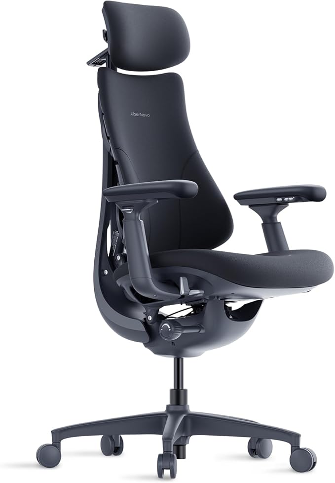 LiberNovo Dynamic Ergonomic Office Chair - Comfy Adjustable Desk Chair with Adaptive Lumbar Support 160° Recline &amp Built-in Spine Stretch for Back Comfort Home Office Long Hours Use Black+48cm