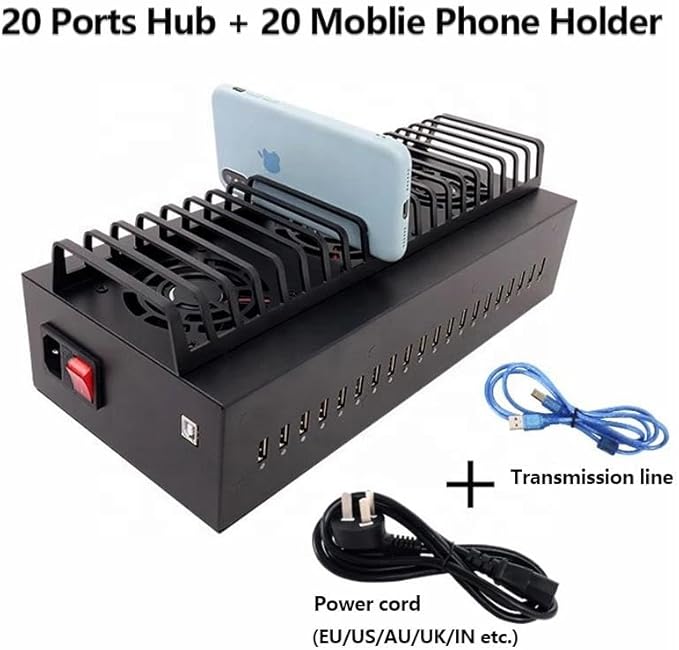 Industrial Grade 20-Port USB Hub Charging Station with 300W Power Supply Carbon Steel Fast Charging BC1.2 Protocol HUB2.0 High-Speed Transmission 3-Level Fan Control Acrylic Stand (1 White)