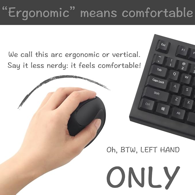 Urby Left Handed Mouse Wireless Ergonomic Vertical. Also As Left Handed Gaming Mouse. Compatible with Windows/macOS/iPadOS Laptop PC. [Battery Included] (Black)