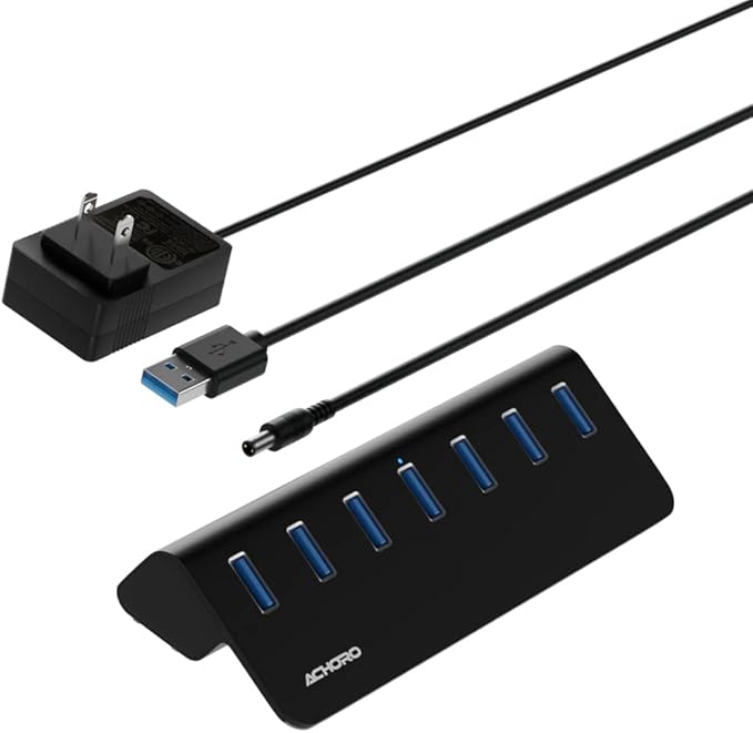 Achoro 7 Ports Powered USB HUB – 2nd Generation 10GB Super Speed External USB Port – USB 3.2 Aluminium USB Hub for Computer Mac PCs Smartphone &amp Tablets – Computer Multiple USB Hub (Powered Bla