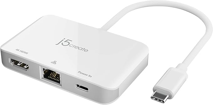 j5create USB Type C to 4K HDMI and Gigabit Ethernet with PD 100W Pass-Through Charging for MacBook Pro MacBook Air Chromebook Surface Pro iPad Pro or USB-C Laptop (JCA351)
