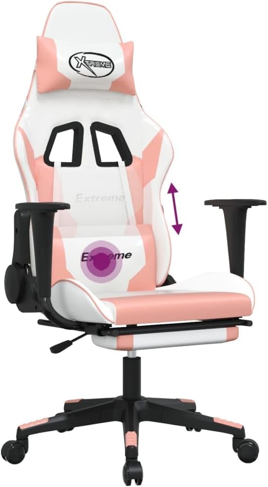Massage Gaming Office Chair with Footrest Faux Leather Massage Office Chair Ergonomic Desk Chair Rolling Swivel Adjustable PC Computer Chair for Women Adults Girls(White&ampPink) -AA