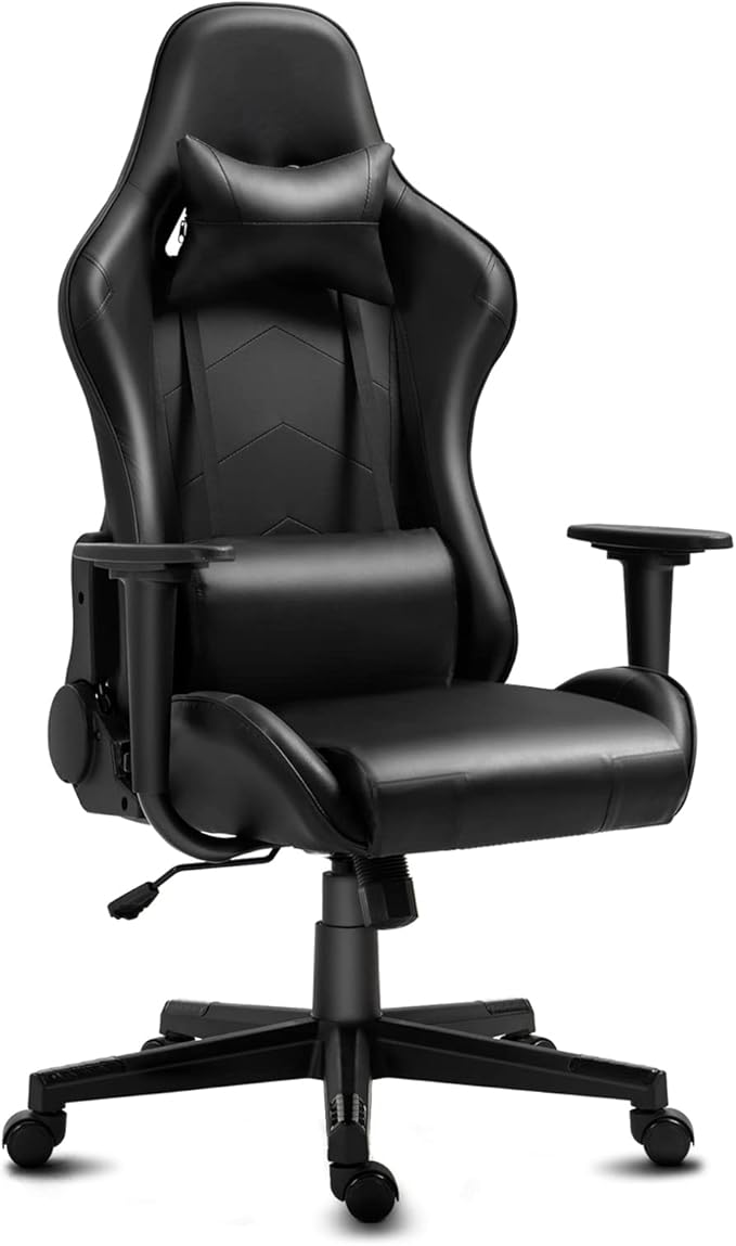 DIKEP Gaming Chair Computer Office High Back Leather Gamer Chair Ergonomic Adjustable Racing Chair with Headrest and Lumbar SupportBlack