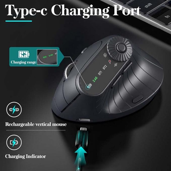 2025 Upgraded Ergonomic Triple-Connect Wireless Mouse Vertical Ergonomic Mouse with 4 Adjustable DPI Bluetooth 5.0&ampUSB Receiver for Laptop/PC/Mac Pain Relief for Office/Gaming/Design (Black)
