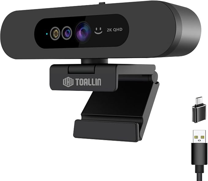 TOALLIN 2K QHD Webcam for Windows Hello Face Login IR Facial Recognition Camera USB Webcam with Microphone 92° Wide Angle View Computer Web Camera for Video Calls