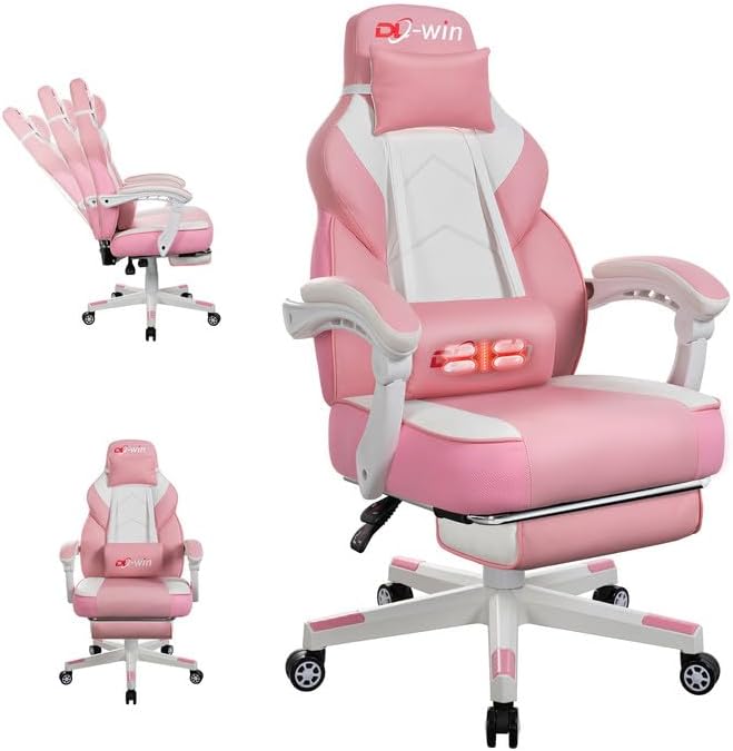 Video Gaming Chairs for Adults Gamer Chair with Footrest High Back Big and Tall Gamer Chair‘s with Massage Lumbar Support 360° Swivel Height Adjustable Computer Chaires Pink