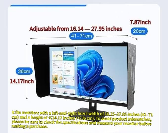 17–27 Inch Foldable Adjustable Monitor Hood | Privacy Sunshade (Fits 16.15–27.95in W/41–71cm ≤14.17in H/≤36cm) | Not for Curved Monitors