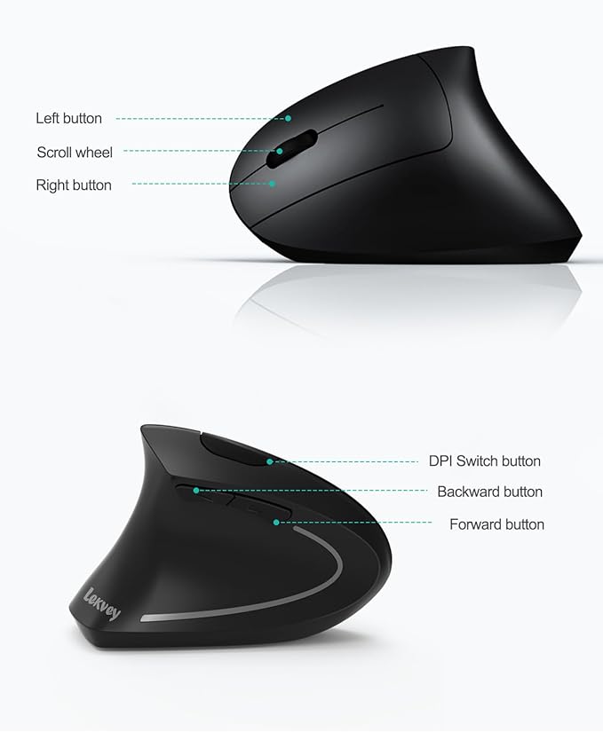 Lekvey Left Handed Ergonomic Mouse Vertical Wireless Mouse for Left Hand 2.4G USB Carpal Tunnel Lefty Mouse 3 Adjustable DPI 6 Buttons for Laptop PC Computer Mac Windows Desktop - Black