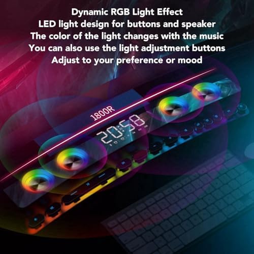Bluetooth Computer Speaker PC Gaming Speaker Sound with Dynamic RGB Light HiFi Stereo Sound FM Radio Alarm Clock 13 Mechanical Keys for Desktop Monitor Laptop Soundbar