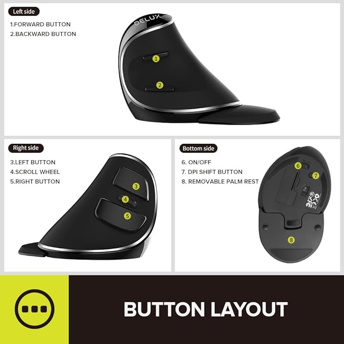 DELUX Ergonomic Vertical Mouse Wireless Ergo Mouse for Large Hands 2.4G Connection Silent Clicks Up to 1600 DPI6 Buttons Removable Wrist Rest Compatible with Laptop/PC (M618Plus Wireless-Black)