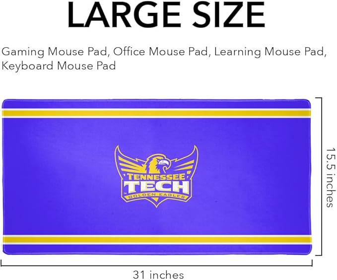 Tennessee Tech Golden Eagles Primary Logo Stripes Large Gaming Mouse Pad Desk Mat with Stitched Edges Non-Slip Base for Gamer Home and Office 31.5 x 15.7