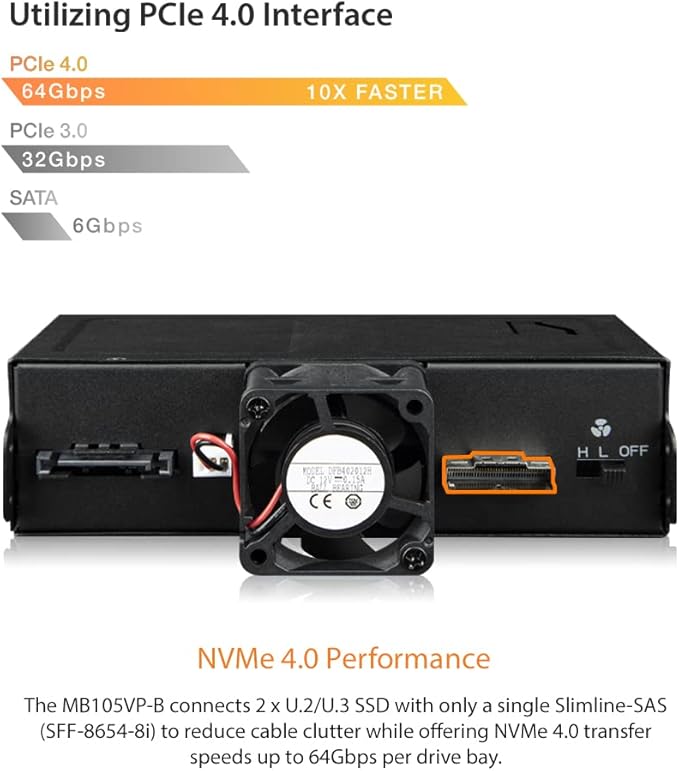 ICY DOCK 2 Bay U.2/U.3 NVMe SSD PCIe 4.0 Enclosure for 5.25” Bay | ToughArmor MB105VP-B