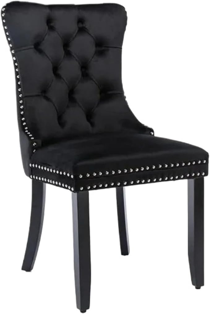 Adjustable Office Computer Chair with Armrest 1pcs Black Velvet Upholstered Dining Chairs with Ring Pull Trim and Solid Wood Legs