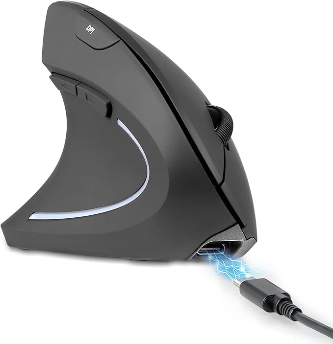 Perixx PERIMICE-713LR - Left Handed Cordless Rechargeable Vertical Mouse - Duo Wired and Wireless Charging Feature - 6 Buttons Design - Left Handed