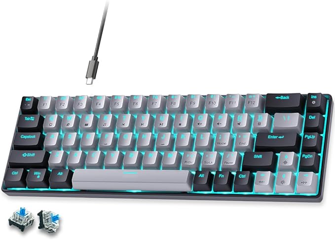 abucow 65% Mechanical Gaming KeyboardBlue Switch Wired Compact Keyboard with Blue Backlight Swappable Black Gray Keycaps for Windows/Mac