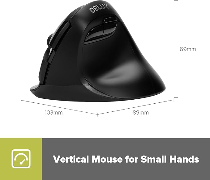 DELUX Wireless Ergonomic Mouse Vertical Mouse for Small Hand Silent Click Ergonomic Mouse Up to 4000 DPI 6 Buttons BT 5.0/2.4G Dual Mode for Carpal Tunnel for Laptop/PC (M618MINI DB-Black)