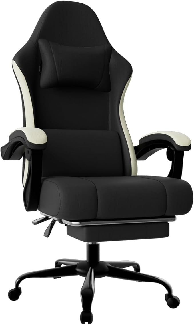 Gaming Chair High Back Fabric Computer Chair with Pocketed Spring Cushion and Footrest Height Adjustable Game Chair with Headrest and Lumbar Support (Beige &amp Black)