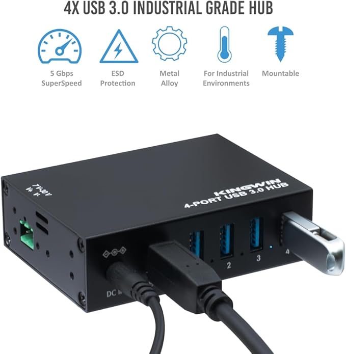 Kingwin USB 3.0 Hub – 4-Port Industrial Metal USB Hub High-Speed 5Gbps Data Mountable Design Heavy-Duty Aluminum Housing Reliable Expansion for PC Laptop Industrial Equipment &amp Workstations.