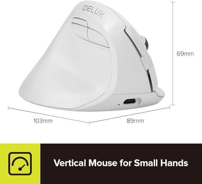 DELUX Left Handed Ergonomic Mouse Mini Wireless Vertical Mouse Silent Click Ergonomic Mouse Up to 4000 DPI 6 Buttons Rechargeable Bluetooth/2.4G/ Wired Tri-Mode for Laptop/PC (M618ZD-White)