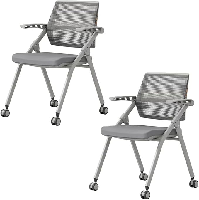 【2 Pack】 Comfortable Home Office Foldable Office ChairFolding Chair with Wheels Desk Chairs for Bedroom with Padded Seats Small SpacesGaming Ergonomic Foldable armrest360 Degree RotationGrey