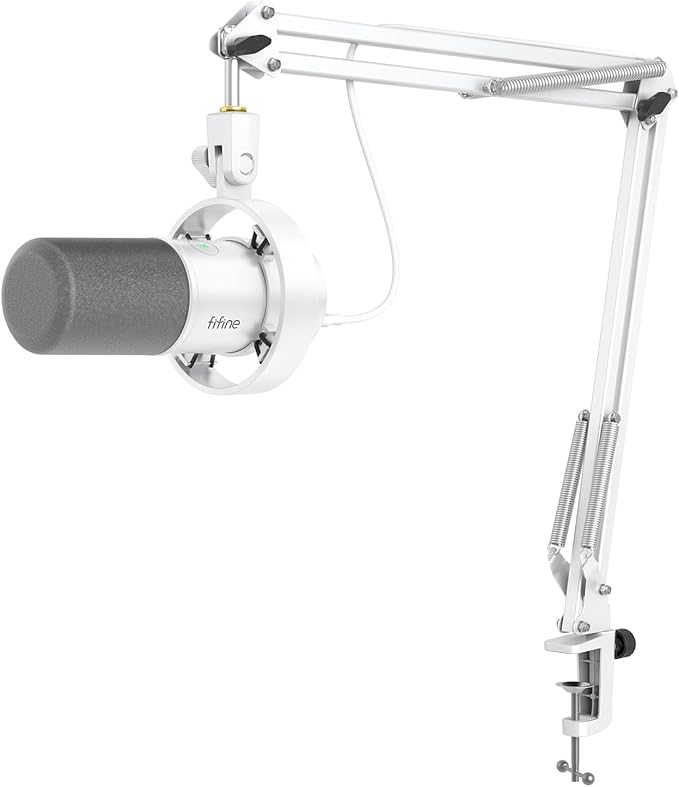 FIFINE Dynamic Microphone with Boom Arm Studio Vocal XLR Microphone Podcast USB Mic Kit for PC with Mute Button Volume Knob Headphone Jack for Streaming Recording-AmpliTank K688CT White