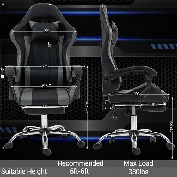 Ergonomic Gaming Chair with Massage Lumber Grey Video Game Chair w/Footrest for Adults Kids Adjustable Headrest &amp Lumbar Support 360° Swivel for Home Office Bedroom Gaming Room