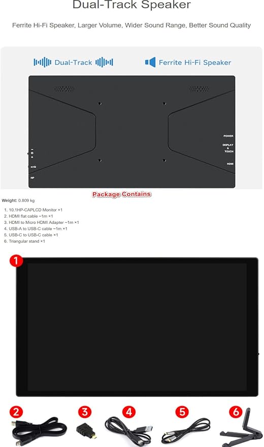 10.1inch 1280×800 IPS Capacitive Touch Display for Raspberry Pi 5/4B/3B/Zero/Zero W/Zero 2W/Pico/Pico W/Pico WH Jetson Nano VisionFive2 PC and Smartphone (10.1HP-CAPLCD Monitor)