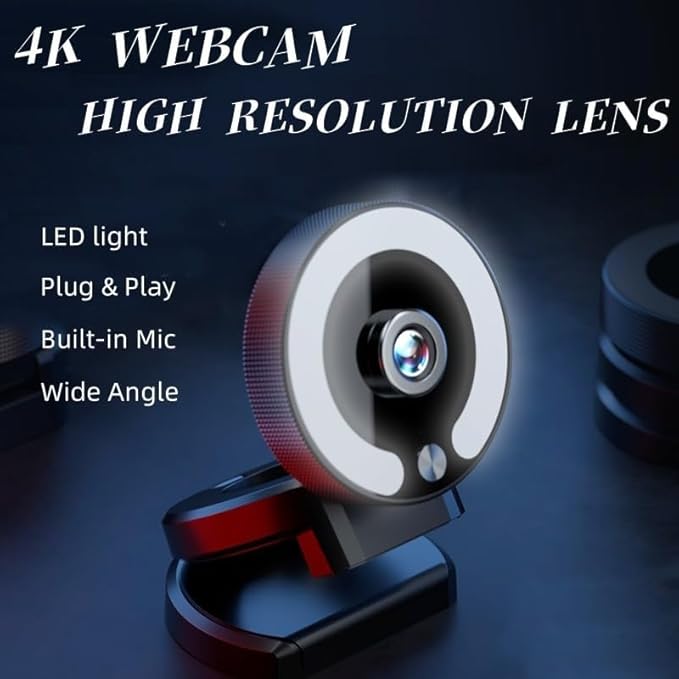 4K Webcam with Adjustable Ring Light HD Autofocus with Microphone HD Web Camera with Privacy Cover and Tripod Stand Plug and Play USB for Laptop Desktop Video Calling