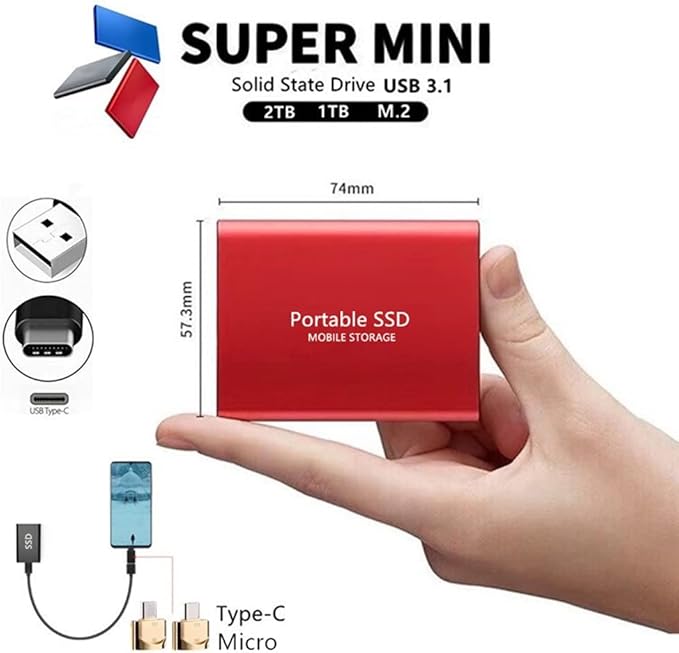 Type-c USB 3.1 SSD Portable Flash Memory 4TB SSD Hard Drive Portable SSD External SSD Hard Drive for Laptop Desktop (Color : Red Size : 4TB)