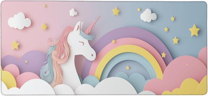Cute Unicorn Gaming Mouse Pad Non-Slip Rubber Base 2XL Mousepad with Stitched EdgesWaterproof Washable Mouse Mat for Desk Home Office Gaming 16x35.5in