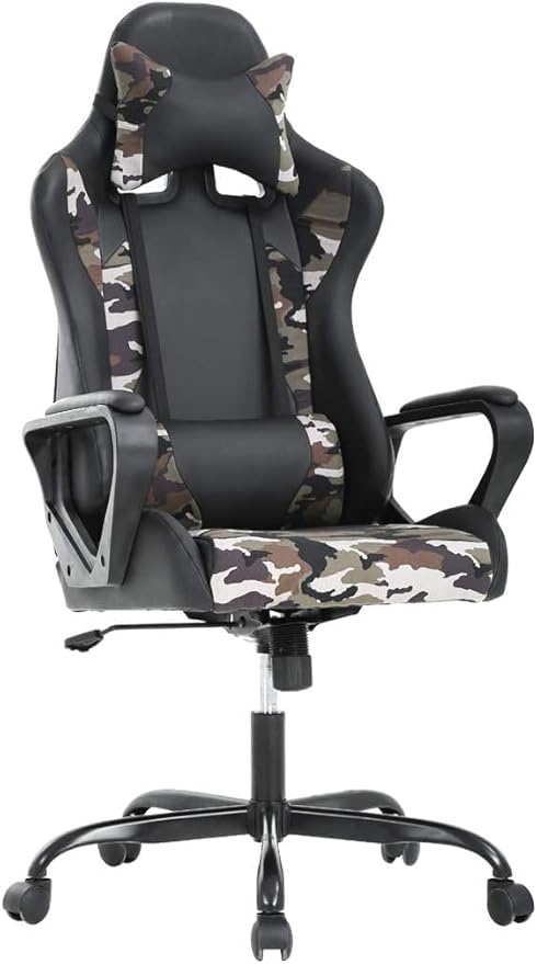 Gaming Chair Office Chair Ergonomic High-Back Racing Desk Chair with Lumbar Support and Headrest – PU Leather Computer Chair for Adults Adjustable Reclining Swivel Chair (Camo)