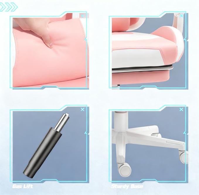 Cute Cat Ears Gaming Chair Girly Ergonomic Computer Chair with High Back 360° Swivel Office Computer Chair with Footrest and Paw Lumbar Cushion for Teens Girls Women (Pink White)