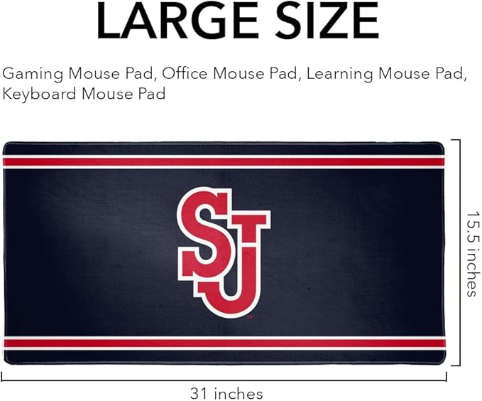 St Johns University Red Storm Primary Logo Stripes Large Gaming Mouse Pad Desk Mat with Stitched Edges Non-Slip Base for Gamer Home and Office 31.5 x 15.7