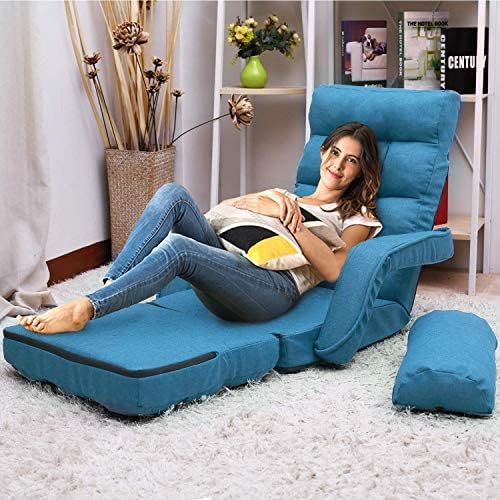 Folding Lazy Sofa Floor Chair Aprox Sofa Lounger Bed Padded Gaming Chair with Armrests and Pillow for Living Room Games &amp Reading (Blue)