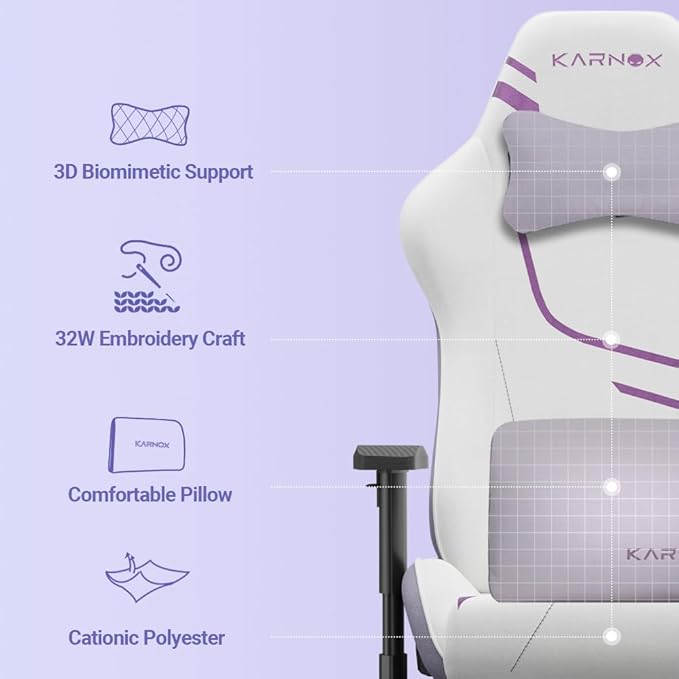KORNOX Ergonomic Gaming Chair Fabric for AdultsOffice Chair High BackGame Chair Cloth Height Adjustable for TeensGame Chair Racing with Headrest and Lumbar Support for GirlWhite and Purple